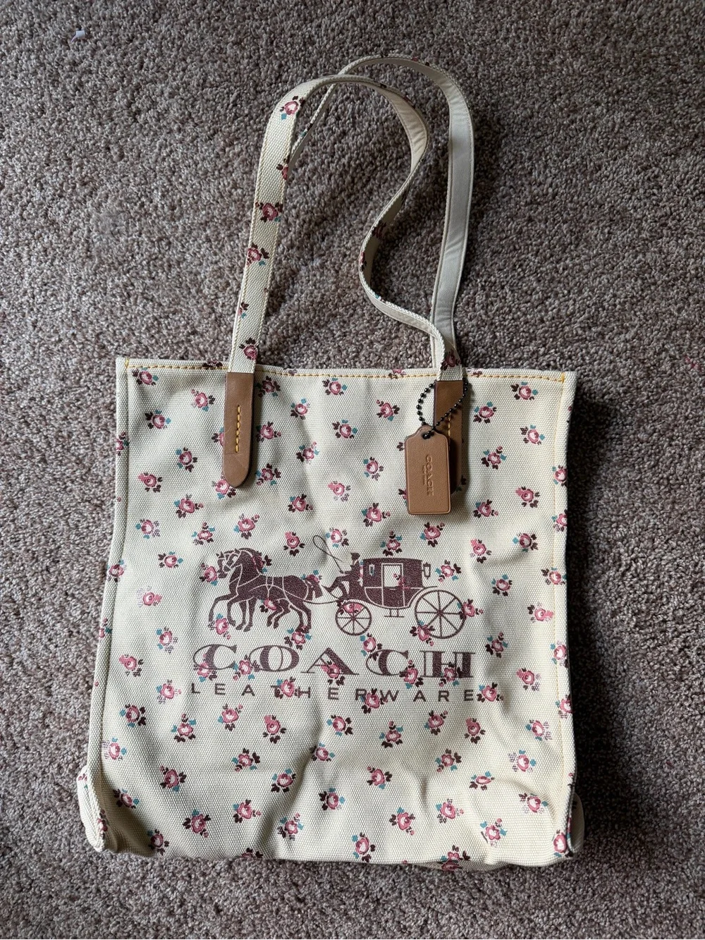 Coach Cream Canvas Tote with Pink Floral Print
